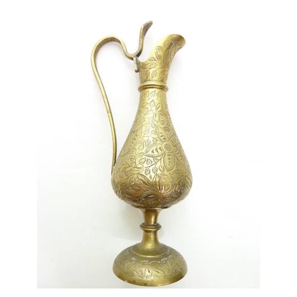 Vintage Small Footed Brass Pitcher India Hand Etched - Picture 1 of 5
